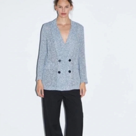 ZARA DOUBLE BREASTED BLUE & WHITE TEXTURED WEAVE KNIT‎ BLAZER SIZE SMALL - Picture 1 of 7